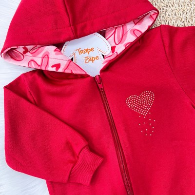 Conj. Jaqueta com Capuz e Calça de Moletom com Corações - Vermelho 